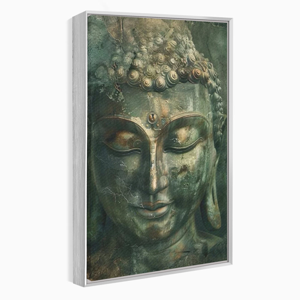 Tablou canvas cu tablou canvas cu portretul lui buddha, in rama de aluminiu argintiu